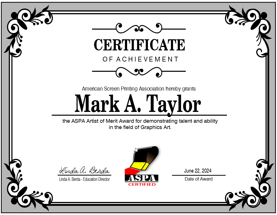 ASPA Artist of Merit Certificate 